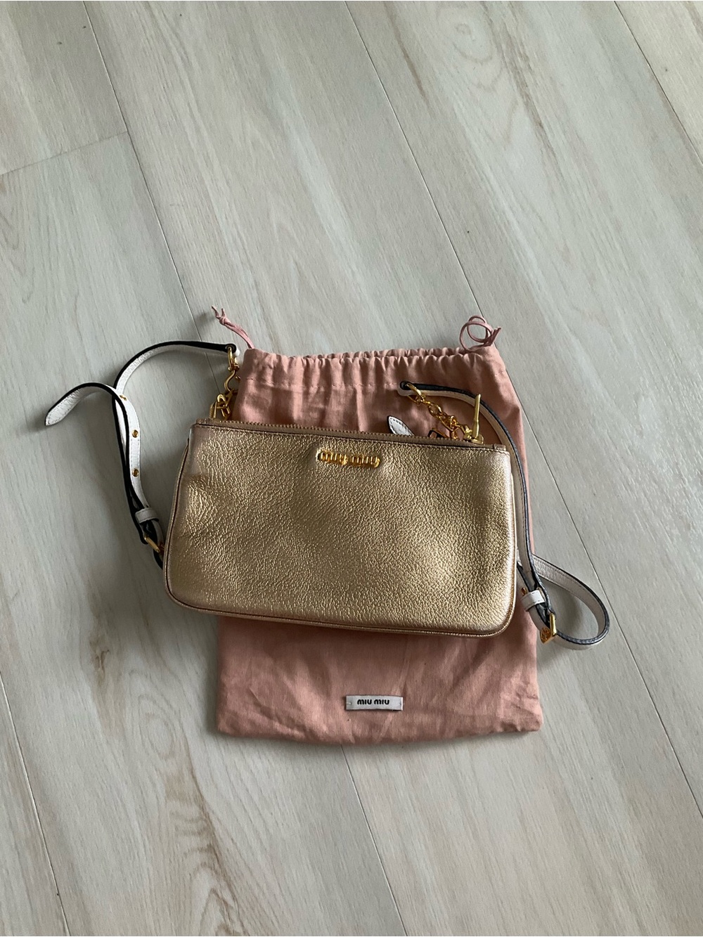 Miu Miu Gold Leather Crossbody with White Strap